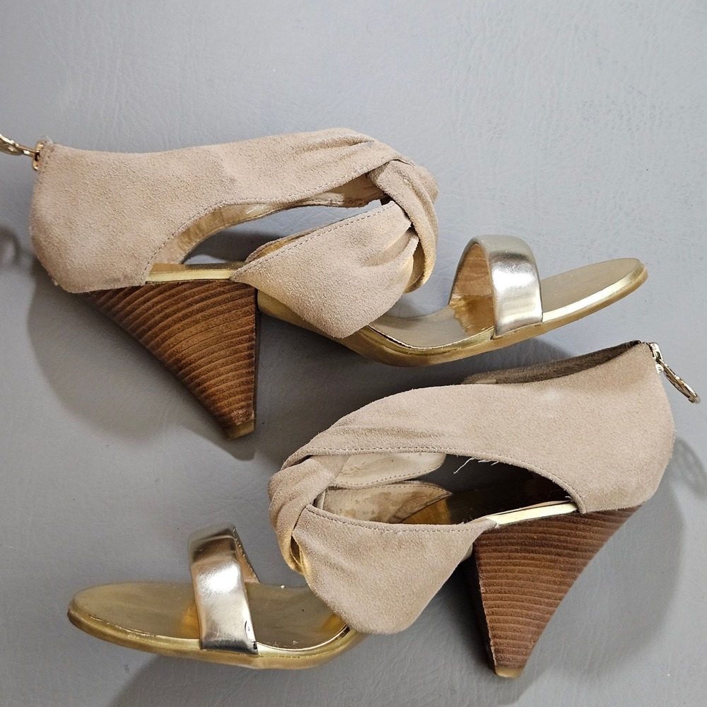 Michael Michael Kors Tan Suede Metallic Gold Cone Heel Sandals 6.5M - Picture 3 of 14